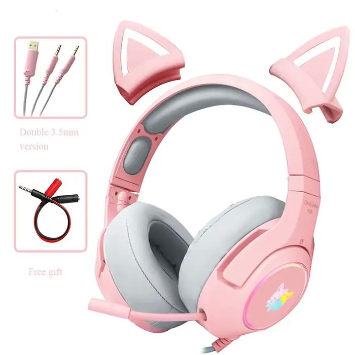 Casque de jeu avec microphone, casque à réduction de bruit Demon Cute Cat Ear rose/noir 7.1 pour PC 