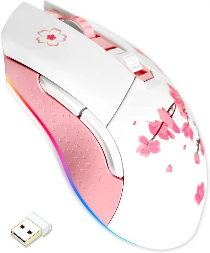 DAREU Sakura – souris de jeu filaire sans fil rose, double Mode, Rechargeable, 7 boutons DPI RGB et 