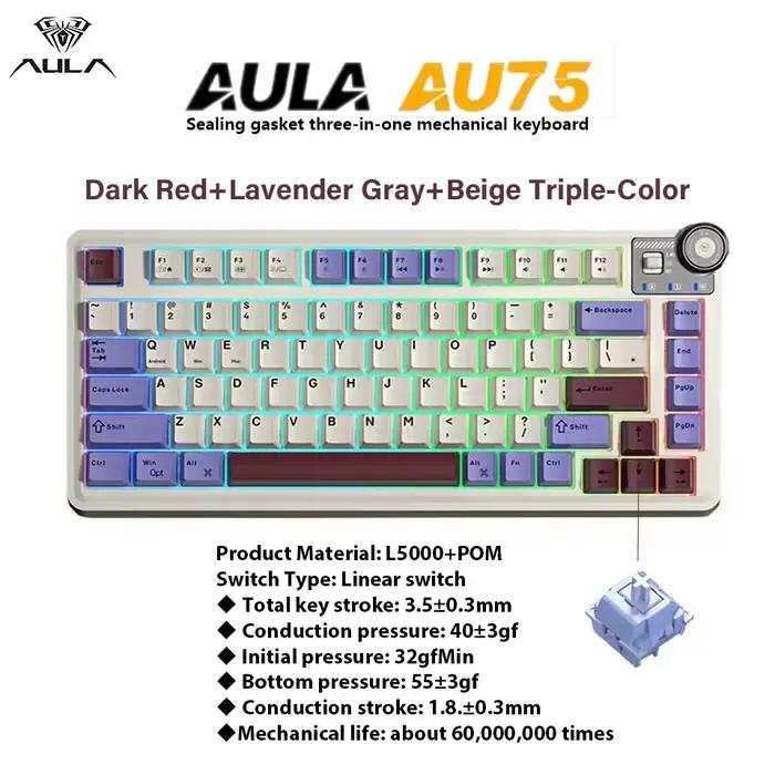 Clavier mécanique sans fil AULA AU75, équipé de touches de jeu RGB à échange à chaud, avec rétroécla