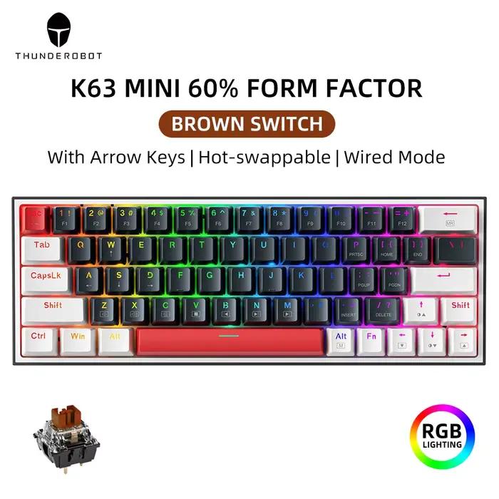 Thunderobot K63 clavier mécanique filaire rvb ANSI 60% 63 touches disposition avec touches flèche cl