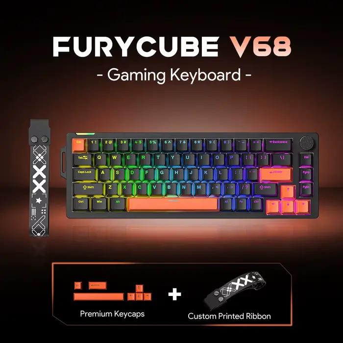 Clavier mécanique FURYCUBE V68 à 68 touches, bouton de volume intelligent, rythme musical RGB, clavi