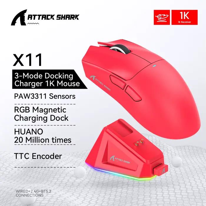 Souris sans fil Attack Shark X11, connexion Tri-Mode, PixArt PAW3311, base de charge magnétique tact