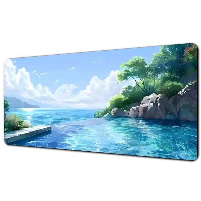 Tapis de souris grand format abstrait avec paysage marin, tapis de bureau antidérapant pour gaming e