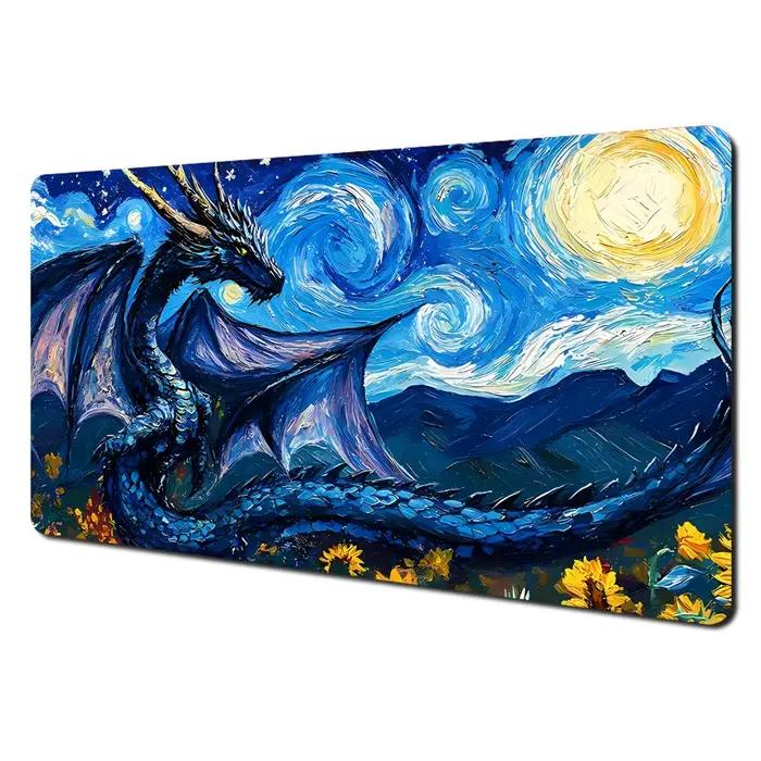 Tapis de jeu MTG style Van Gogh avec design de dragon géant, tapis de combat pour cartes Magic, bord