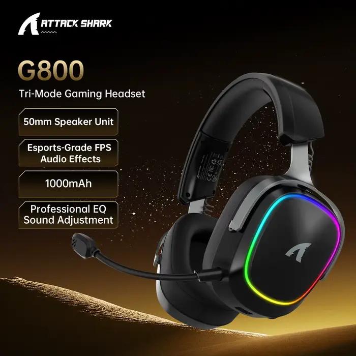Casque de jeu sans fil Attack Shark G800 2.4G, Bluetooth 5.3, son surround 7.1, micro détachable, 10