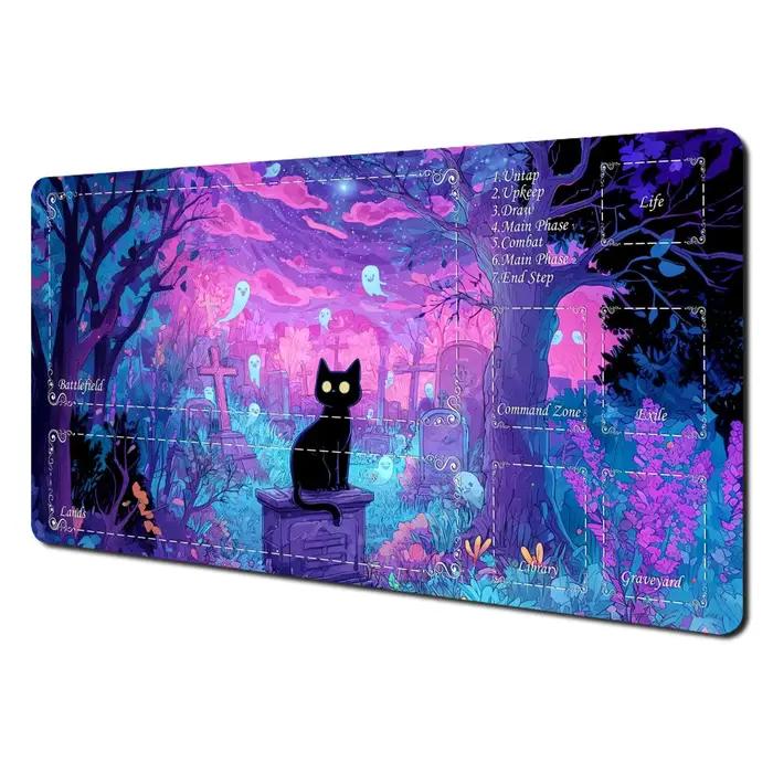Tapis de jeu MTG style néon, motif chat noir et fantôme, base antidérapante, pour cartes magiques, j