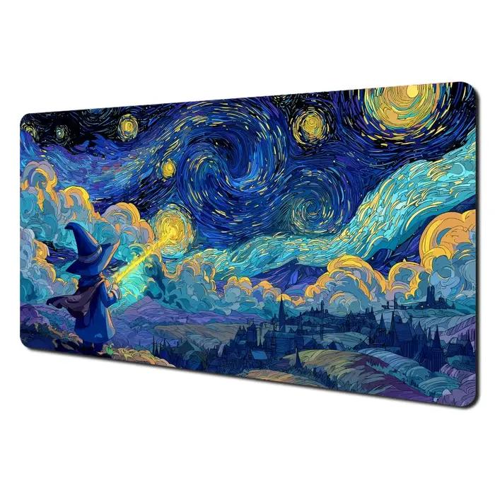 Tapis de jeu MTG style Van Gogh, motif sorcier mignon, bord cousu, antidérapant, durable, pour jeux 