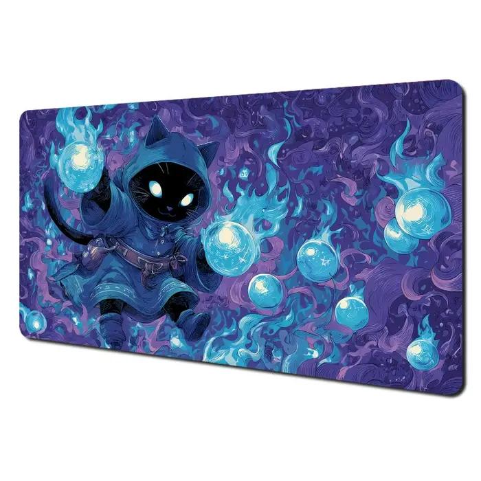 Tapis de jeu MTG Blue Cloak Black Cat Wizard Design, tapis de combat pour cartes magiques, antidérap