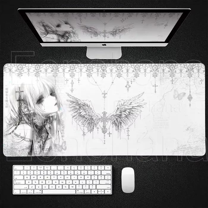 Tapis de Souris Noir et Blanc Grand Format pour PC Gaming, Anime, Fille Mignonne, XXL, Dessin Animé,