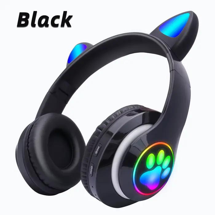 Écouteurs sans fil Bluetooth avec oreilles de chat roses, casque d'écoute stéréo pliable avec Microp