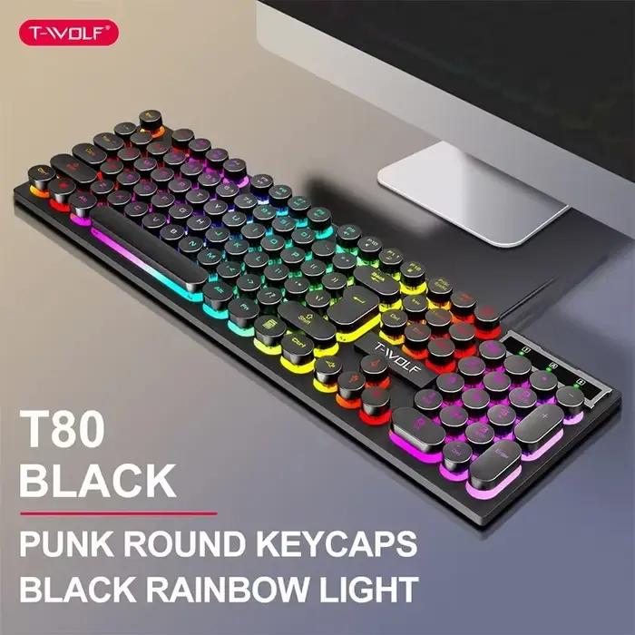 Clavier de jeu T80 à sensation mécanique, filaire, 104 touches, USB, style rétro punk, pour le jeu e
