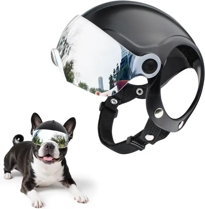 Casque pour chien de petite race, casque de moto pour animaux de compagnie avec visière argentée rab