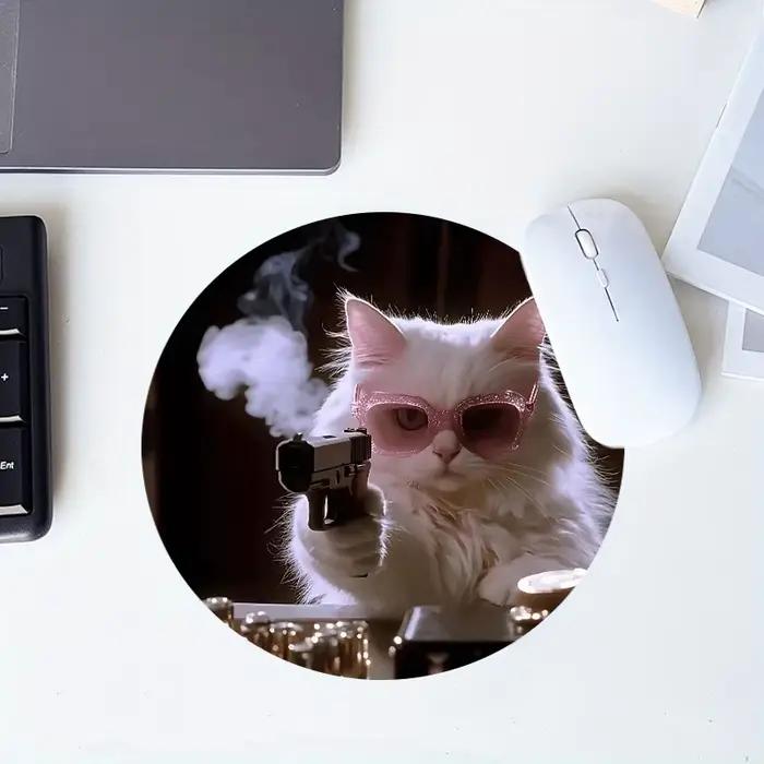 Tapis de souris rond avec motif de chat tenant un pistolet, tapis de bureau pour ordinateur, tapis d