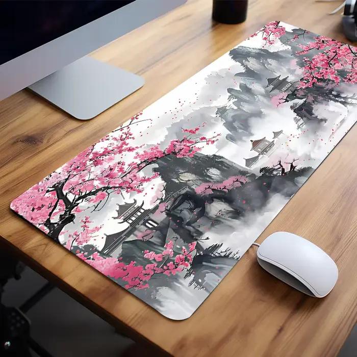 Grand tapis de souris fleur de cerisier, grand tapis de bureau, accessoires de bureau avec bord cous
