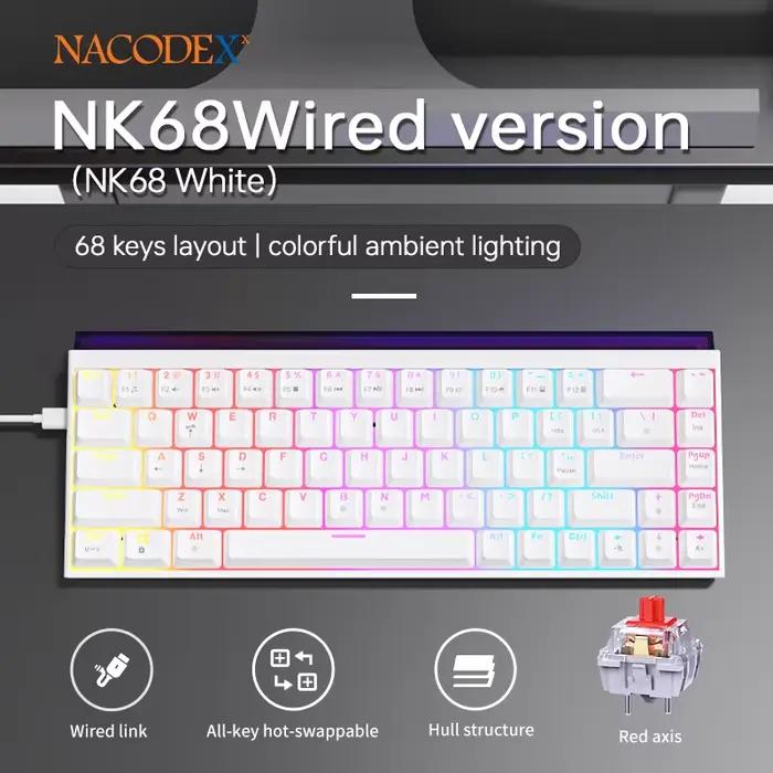 Nouveau Ajazz Nacodex Nk68 clavier mécanique Terrain keycap barre lumineuse Rgb 68 touches filaire b