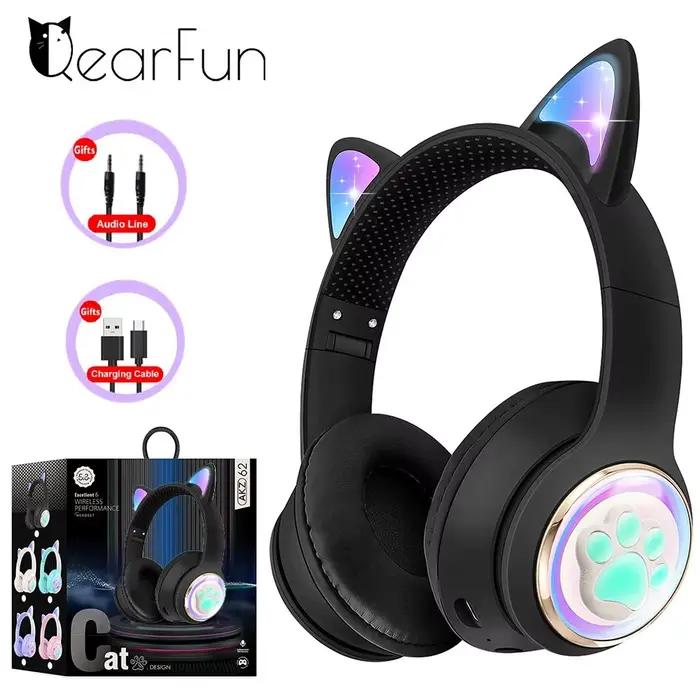 Casque sans fil RGB à oreilles de chat pour filles, casque Bluetooth stéréo lumineux à griffes de ch