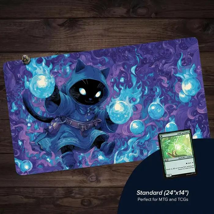 Tapis de jeu MTG Blue Cloak Black Cat Wizard Design tapis de combat pour cartes magiques antidérapant bords cousus tapis de jeu de table pour occasions spéciales à offrir pour collectionneurs de cartes magic
