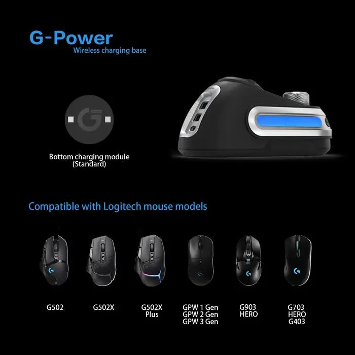 Fanxoo g-power souris station de chargement sans fil pour Logitech G502 G502X Plus GPW G903 avec bouton de contrôle de volume d'ordinateur lumière rvb