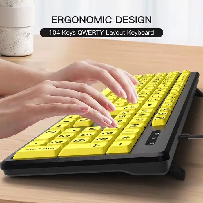 Clavier filaire USB noir à grands boutons jaunes imprimés pour personnes âgées et basse vision