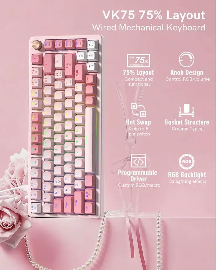 Womier VK75 clavier mécanique filaire rétro rose