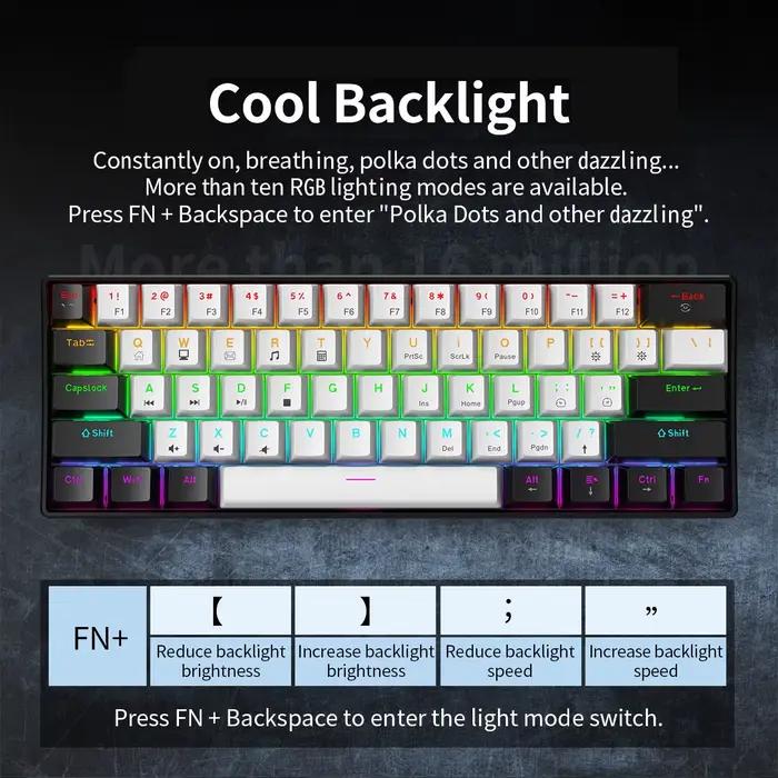 Clavier mécanique gamer 60% mini 61 touches rétroéclairé avec interrupteurs PC