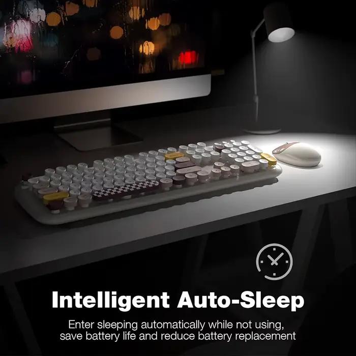 Kit Clavier Rétro Rond Sans Fil Couleur Bonbon & Souris Chat 2.4G Ergonomique Silencieux pour Ordinateur de Bureau et Portable Windows