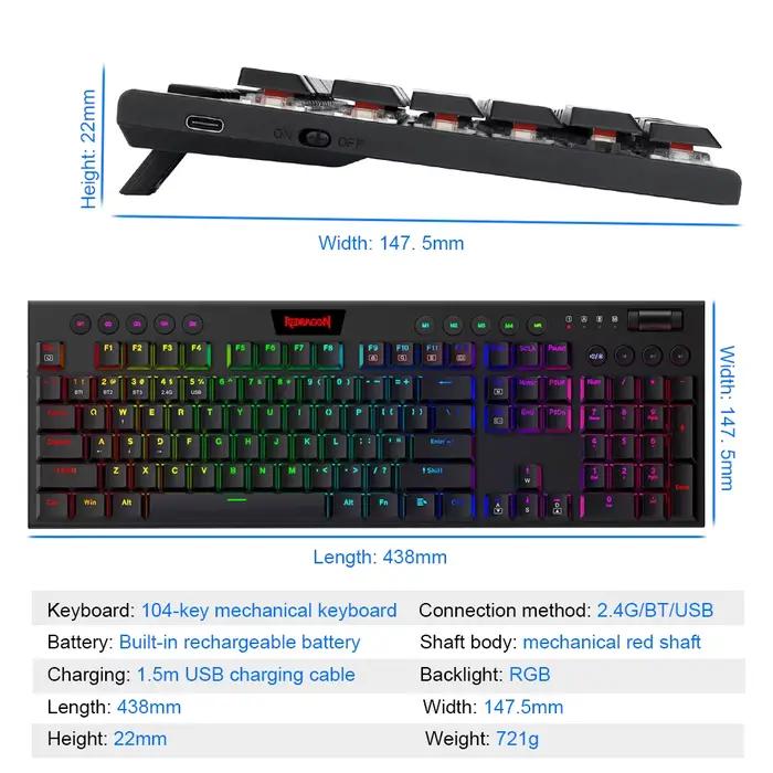Redragon Horus K618 RVB appui Bluetooth 5.0 sans fil USB 2.4G 3 mode de Jeu Mécanique Clavier 104 Touches PC Compute