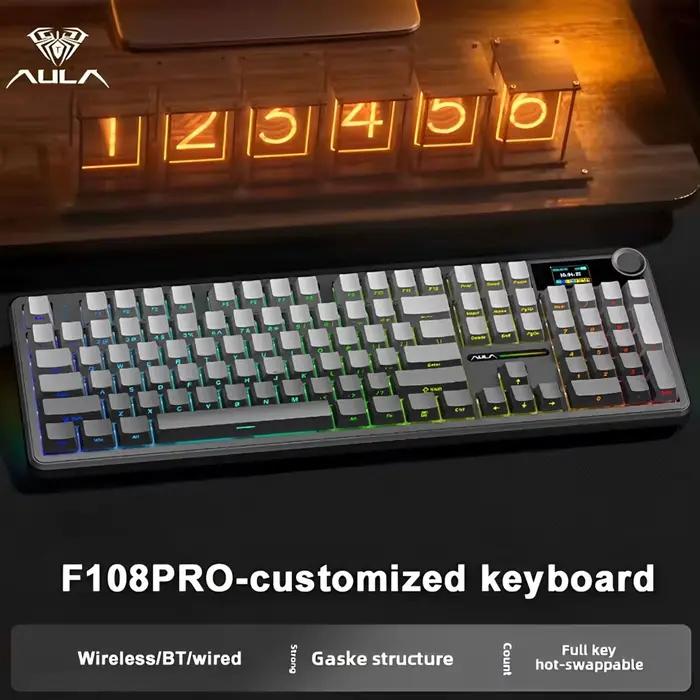 AULA F108 Pro clavier mécanique de jeu Tri Mode personnalisé multi-boutons écran rvb Esports