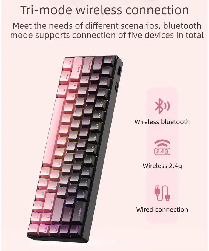 Clavier mécanique RGB Teclado Gamer 68 touches sans fil + Bluetooth + filaire 60% pour iPad