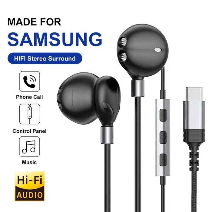 Pour Samsung casque filaire HiFi 9D son Surround avec contrôle par fil Type C 3.5mm écouteurs de musique pour Galaxy S25 24 Ultra A54 A53