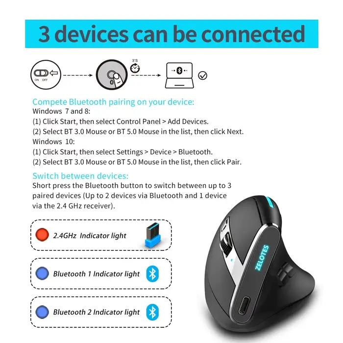 ZELOTES F36 souris verticale 2.4G Bluetooth ergonomique 4000DPI 8 boutons muets programmation