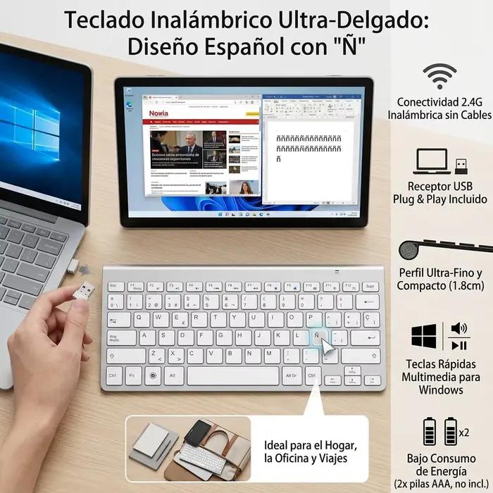 Clavier sans fil compact 2.4G QWERTY en disposition espagnole pour bureau et portable, design mince, touches silencieuses, raccourcis multimédias, plug and play, sans fil jusqu'à 10mètres