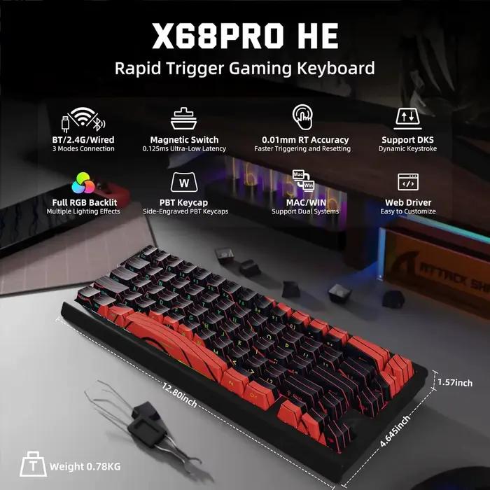 ATTACK SHARK X68 PRO HE clavier de jeu à déclenchement rapide sans fil taux d'érollage 8K échange à chaud rétro-éclairé rvb