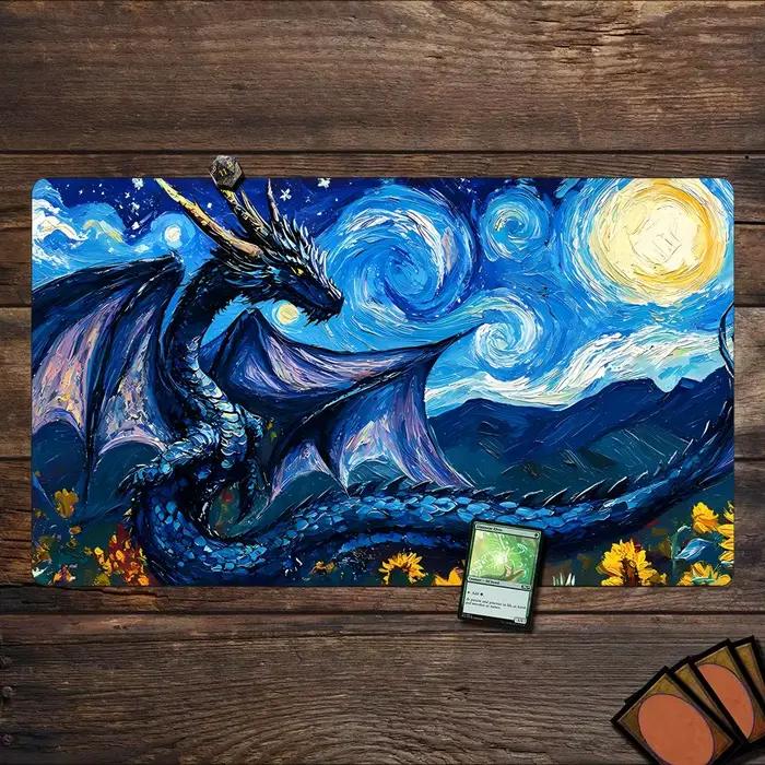 Tapis de jeu MTG style Van Gogh avec design de dragon géant