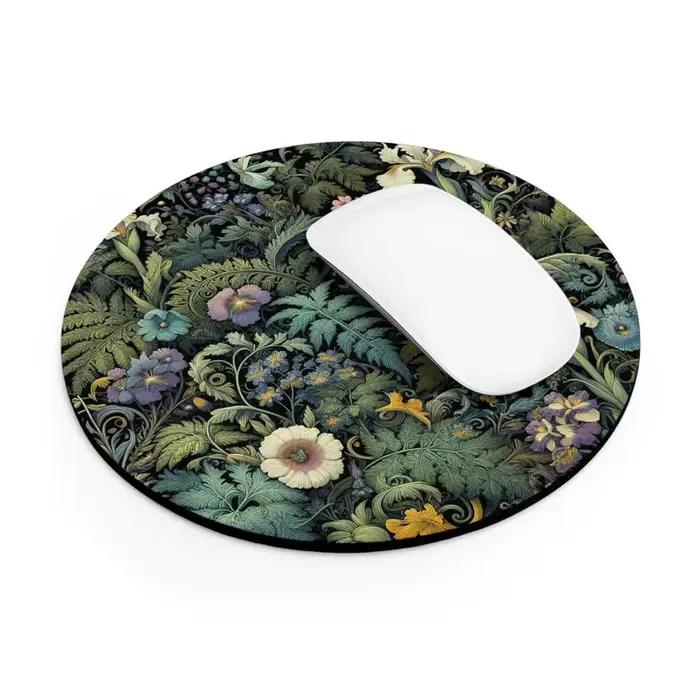 Tapis de souris botanique foncé, fleurs sauvages, fougères, rond ou rectangulaire, inspiré de Morris, Art Floral, accessoire de bureau Cottagecore