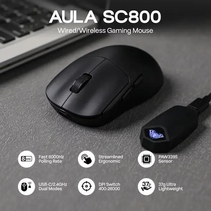 AULA SC800 souris de jeu USB-C filaire/2.4G 37g léger 8K Paw3395 capteur