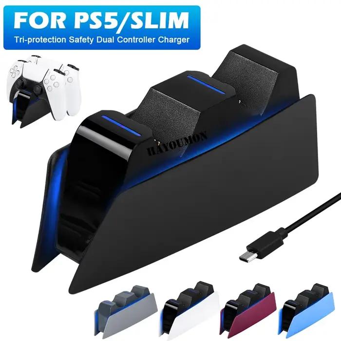 Station de chargement pour contrôleur PS5 avec indicateur LED pour charge rapide et sûre de deux contrôleurs PS5 en même temps en ABS robuste et disponible en cinq couleurs différentes pour personnalisation gaming