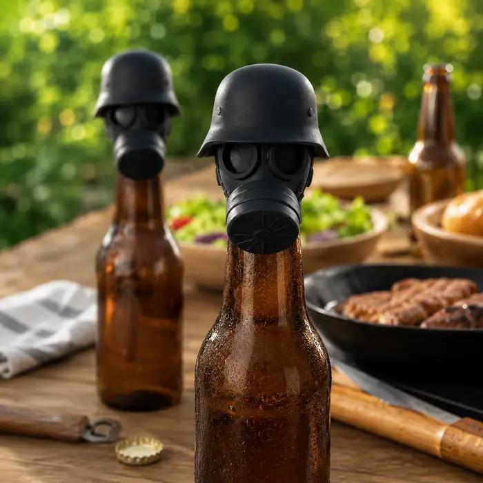 Capuchon de bouteille de bière en forme de masque à gaz noir mat, décoration fantaisie pour casque, idéal pour les bars, les fêtes, les barbecues, les pubs, cadeaux pour les amateurs de bière
