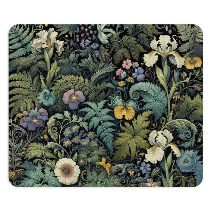Tapis de souris botanique foncé, fleurs sauvages, fougères, rond ou rectangulaire, inspiré de Morris, Art Floral, accessoire de bureau Cottagecore