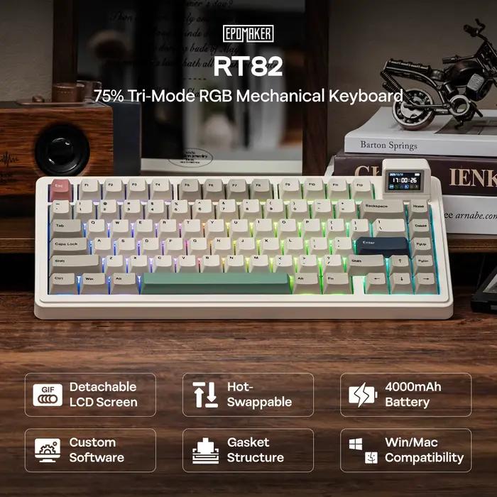 EPOMAKER RT82 QMK/VIA 75% disposition QWERTY américaine joint échangeable à chaud filaire/BT 5.0/2.4GHz clavier mécanique sans fil avec écran LCD