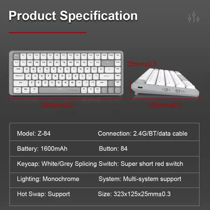 E-YOOSO Z84 clavier de jeu mécanique mince Support Bluetooth 5.0 filaire sans fil USB 2.4G 84 touches Gamer pour ordinateur PC portable