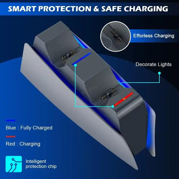 Station de chargement pour contrôleur PS5 avec indicateur LED pour charge rapide et sûre de deux contrôleurs PS5 en même temps en ABS robuste et disponible en cinq couleurs différentes pour personnalisation gaming