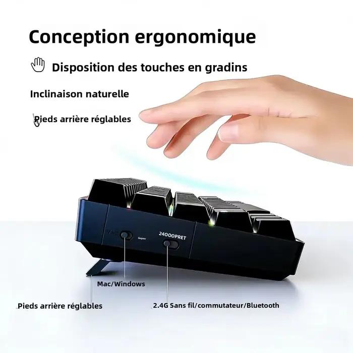 Clavier sans fil mécanique 61 touches avec interrupteurs à commutation à chaud