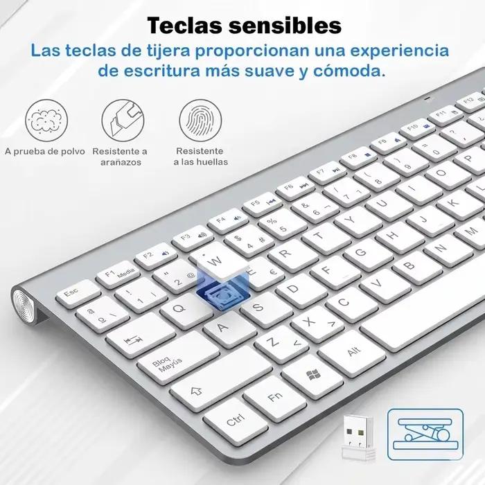 Clavier sans fil compact 2.4G QWERTY en disposition espagnole pour bureau et portable, design mince, touches silencieuses, raccourcis multimédias, plug and play, sans fil jusqu'à 10mètres