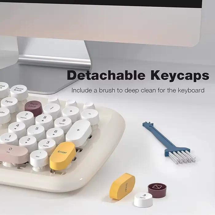 Kit Clavier Rétro Rond Sans Fil Couleur Bonbon & Souris Chat 2.4G Ergonomique Silencieux pour Ordinateur de Bureau et Portable Windows