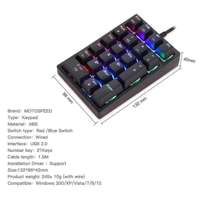 Motospeed K24 Macro clavier numérique mécanique filaire 21 touches rvb rétro-éclairage pavé