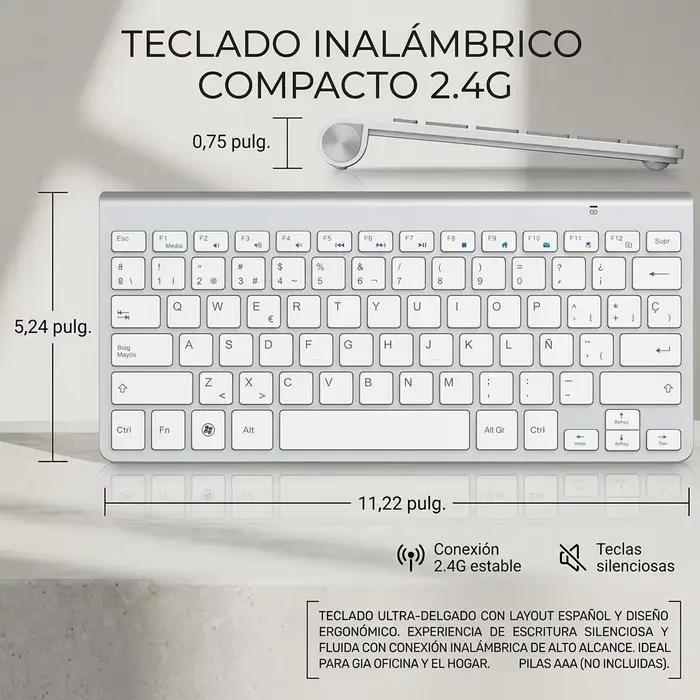Clavier sans fil compact 2.4G QWERTY en disposition espagnole pour bureau et portable, design mince, touches silencieuses, raccourcis multimédias, plug and play, sans fil jusqu'à 10mètres