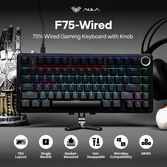 Clavier de jeu filaire AULA F75 75% ANSI US Layout Gasket Hot Swappable ABS Keycap RGB avec bouton
