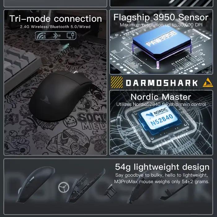 Darmoshark souris de jeu M3 Pro Max sans fil 4K/8K Bluetooth Tri-Mode PAW3950 nordique 52840 30K DPI jeu Macro