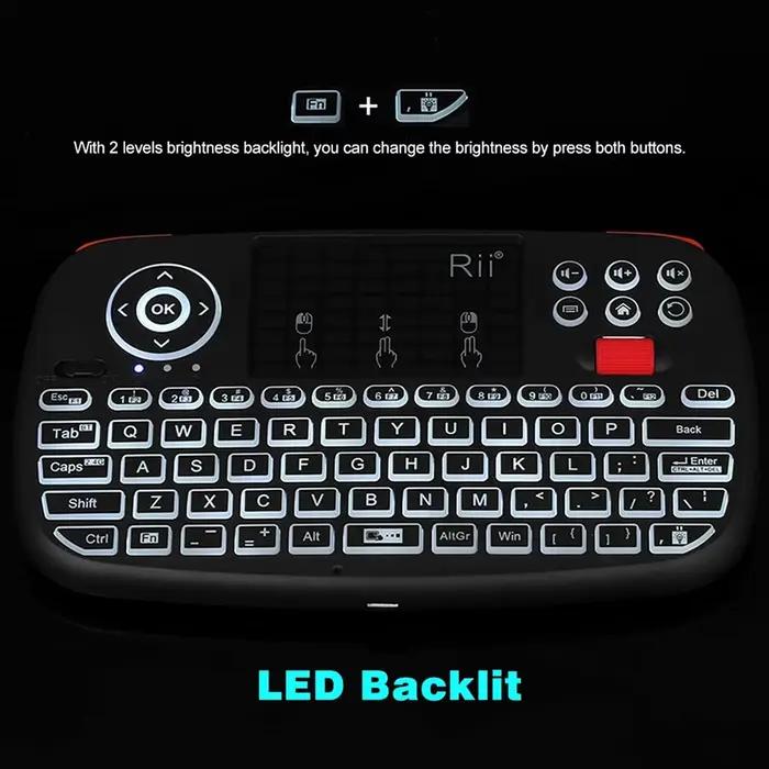 Rii i4 Mini clavier sans fil Bluetooth avec pavé tactile 2.4GHz souris rétro-éclairé télécommande pour Windows Android TV Box Smart TV